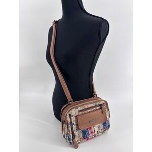 Multi Sac Floral Patchwork Crossbody Bag Tan Brown Multi Color Adjustable Strap